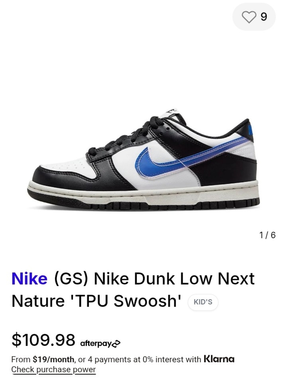 Nike Kids Dunk Low Next Nature TPU Swoosh in Black White Blue